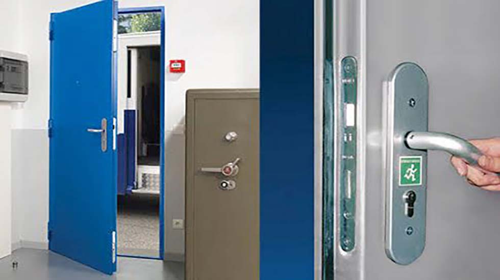 A heavy-duty blue security door equipped with reinforced locks for enhanced protection against forced entry