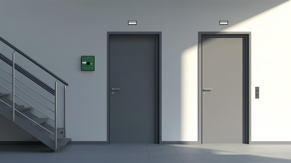 A modern hallway featuring two fire-rated doors, designed for safety and compliance in commercial buildings