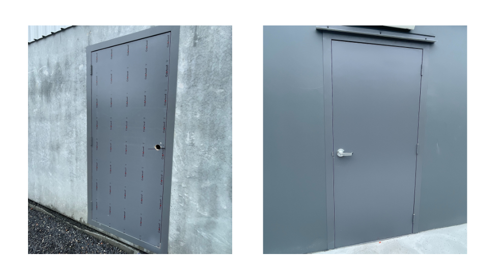 Gray commercial access door installed on a concrete wall as part of the Meca Projects office fit-out