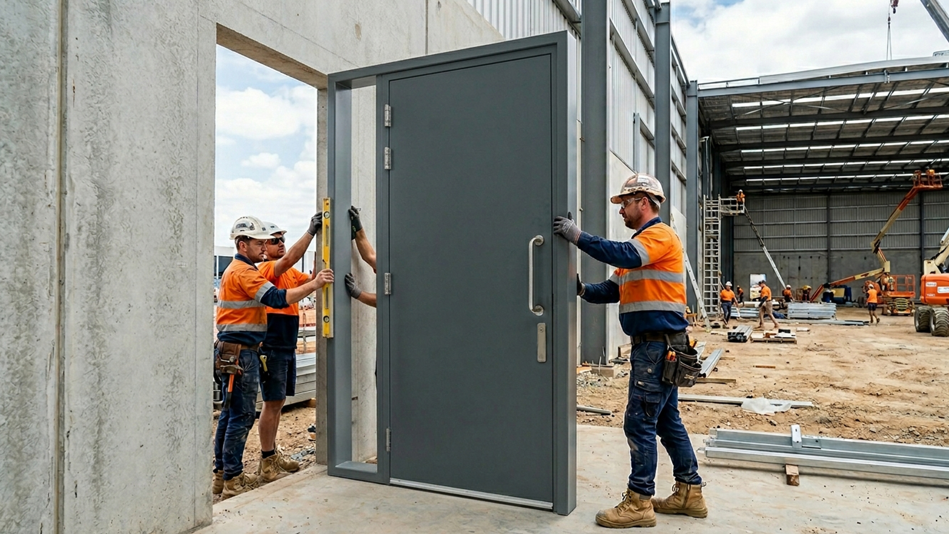 pre-hung door being installed in a warehouse