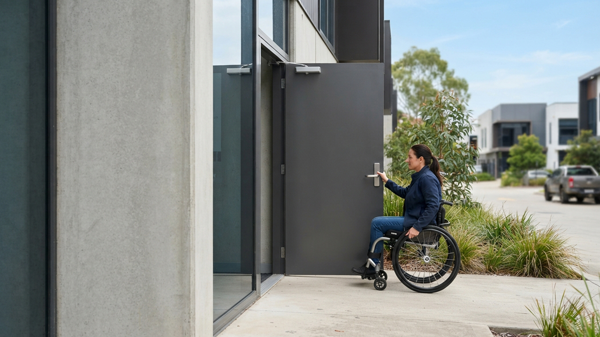 Wheelchair user approaching a wide personal access door