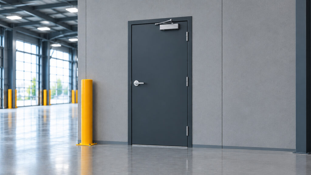 Closed commercial steel door with door closer and hardware in an industrial setting